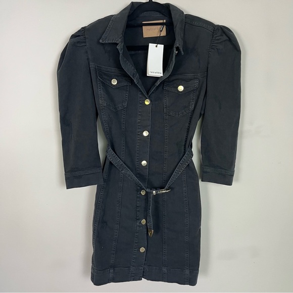 NWT RETROFETE LEMA DENIM BUTTON UP BELTED MINI DRESS SLEEVES SIZE XL IN BLACK - Picture 11 of 16